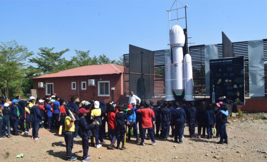 Students learning about Chandrayaan at an educational setup near Pune
