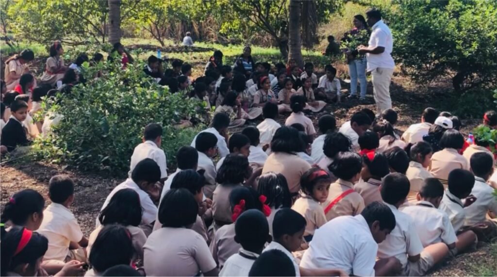Students learning about farming and space science at agro tourism near Pune