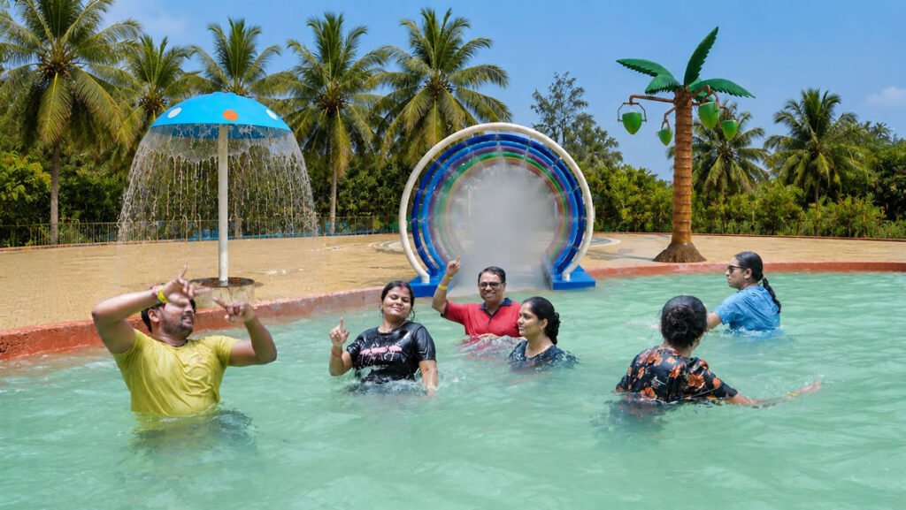 Students enjoying the new water activity at NatureNestt Agro Tourism near Pune