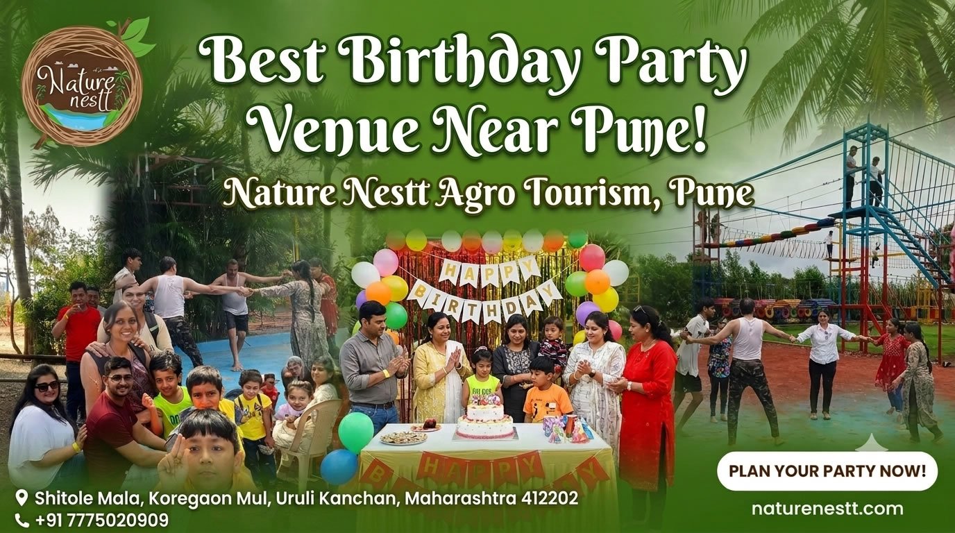 Open-air birthday party setup with balloon decorations and dining area amidst lush green farm lawns at NatureNestt Agro Tourism near Pune.
